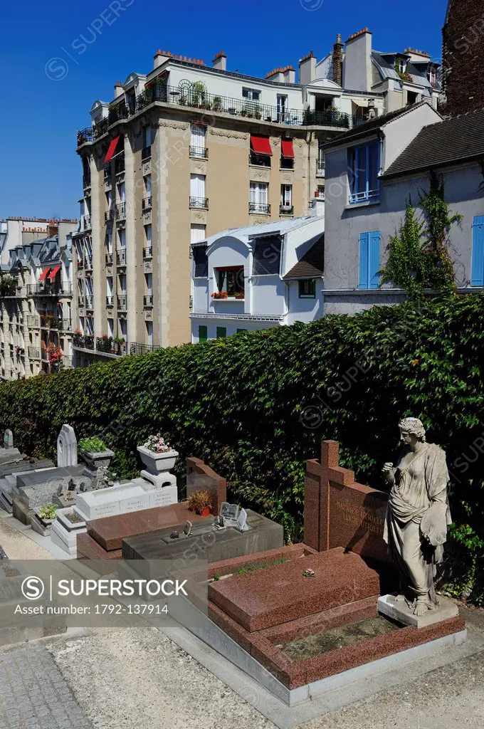 France, Paris, Butte Montmartre, Saint Vincent cemetery surrounded by buildings and the grave of the painter Utrillo