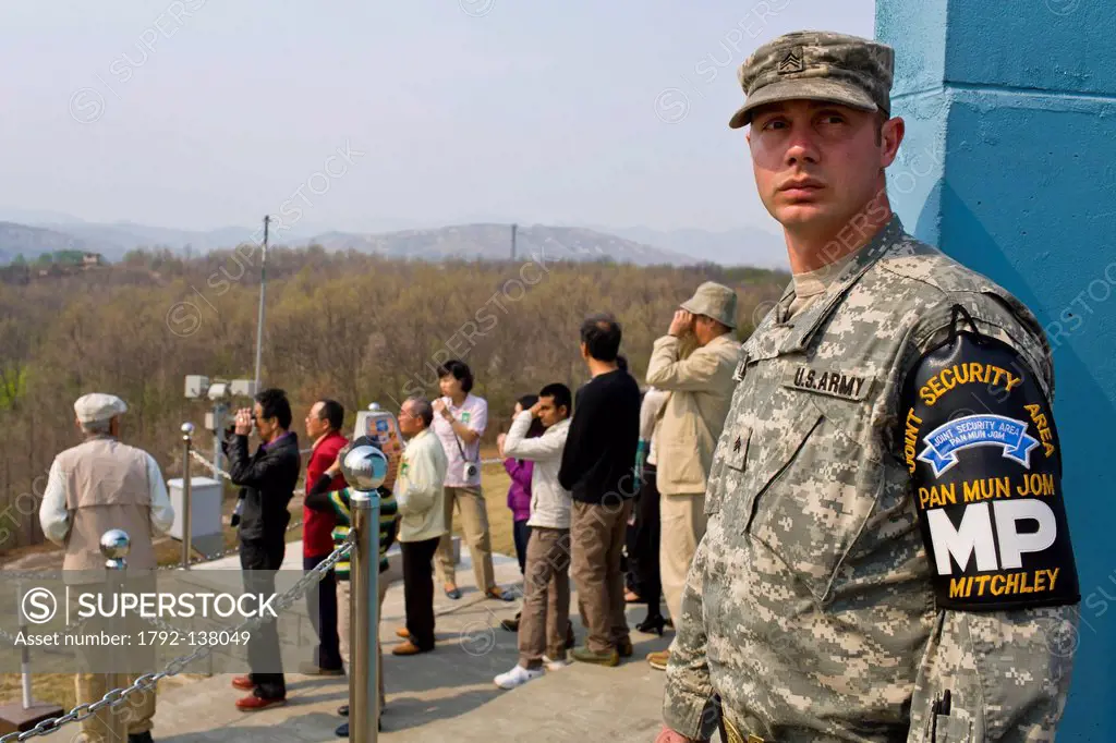 South Korea, Gyeonggi Province, Panmunjom, Joint Security Area JSA, American soldier guiding tourists around JSA