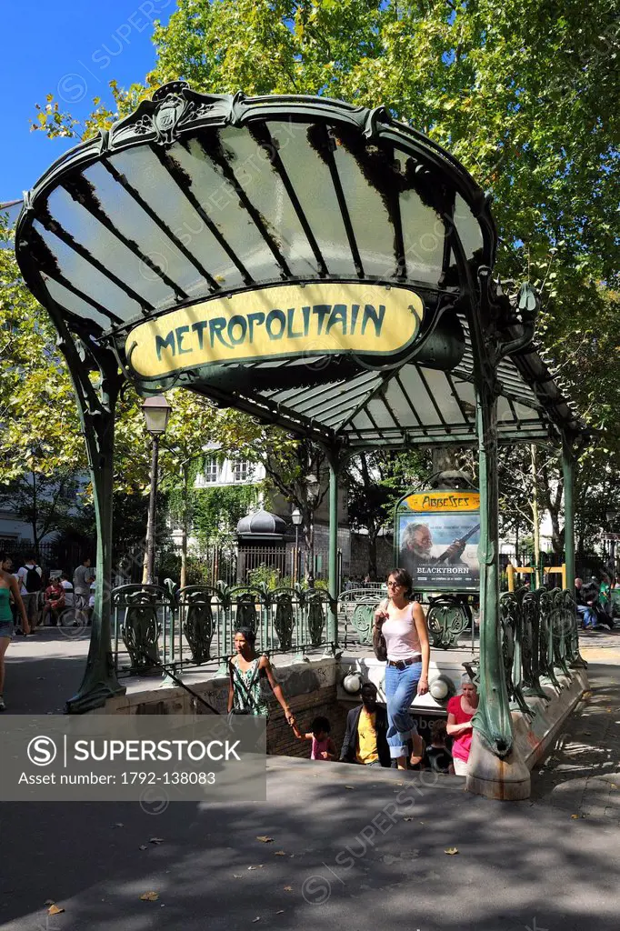 France, Paris, Place des Abbesses, metro station with Art Nouveau style by Hector Guimard