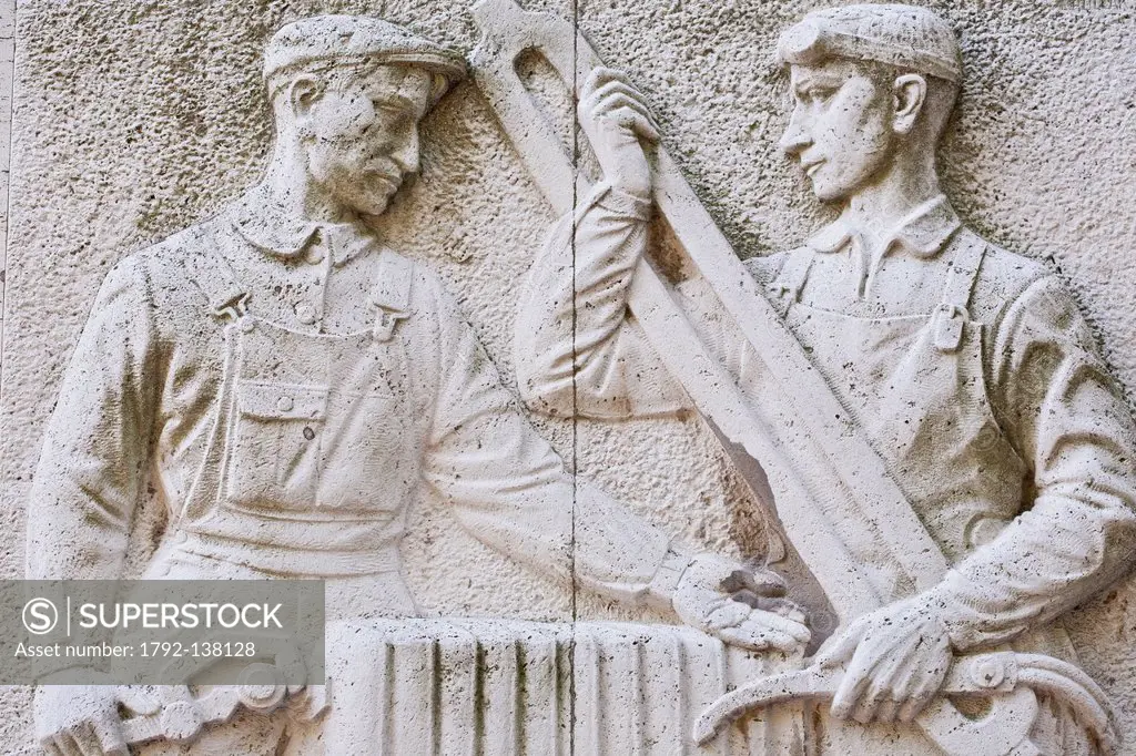 Slovakia, Bratislava, Star Mesto district, Nmestie Slobody, Slovak University of Technology, a sculpted stone pane advocating the values of communism,...