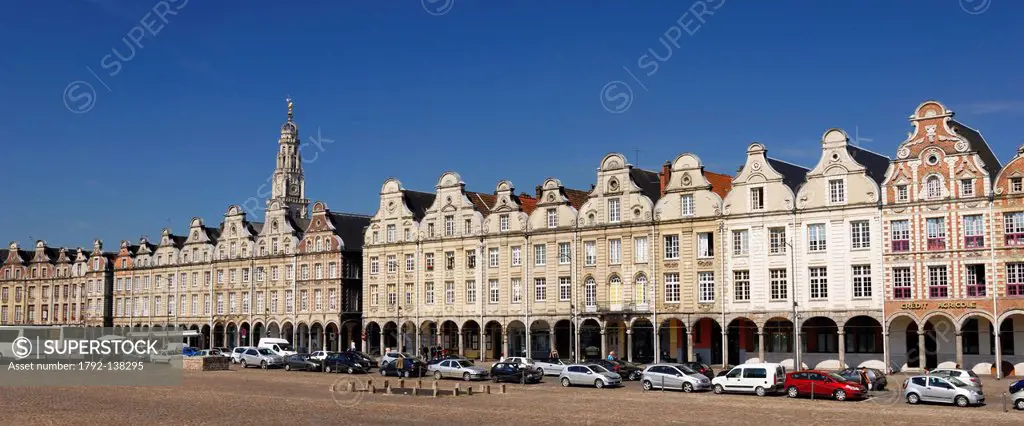 France, Pas de Calais, Arras, Grand Place, cobblestones of the Grand Place Square and typical houses