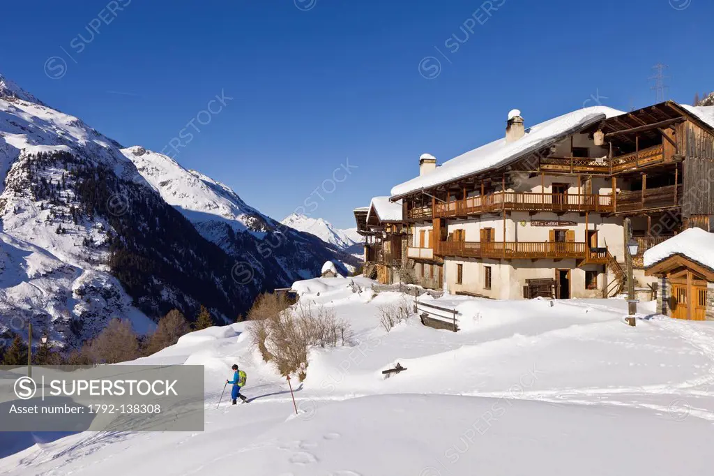 France, Savoie, Sainte Foy Tarentaise, the hamlet of high mountain pasture of Chenal and its holiday cottage of Chenal