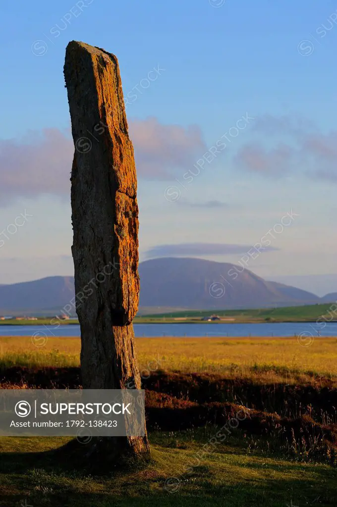 United Kingdom, Scotland, Orkney Islands, Mainland Island, beside the Loch of Stenness, standing stones stone circle from the Ring of Brodgar, listed ...