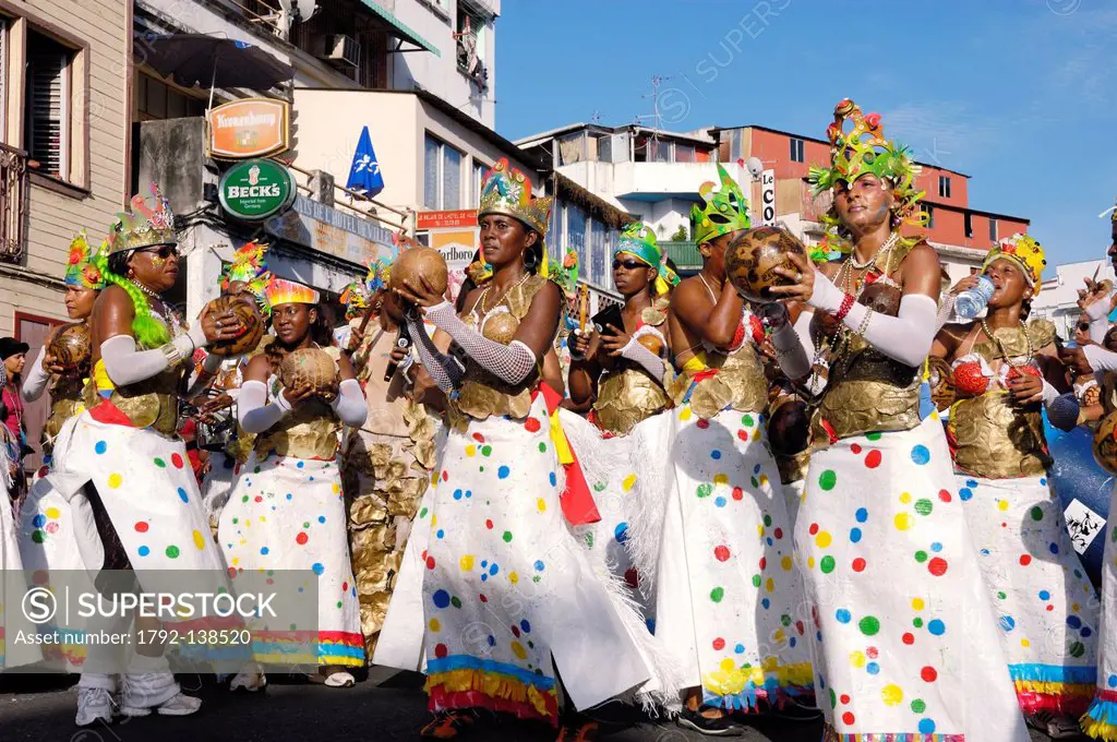 France, Martinique French West Indies, Fort de France, Parade of women from the Nou Pa Sav Band disguised as queens during the carnival