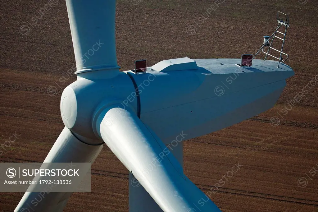 France, Eure, Quittebeuf wind farm, wind turbine REpower MM92 aerial view