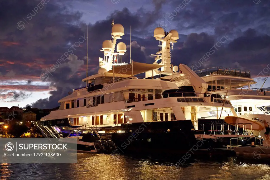 France, Guadeloupe, St Barthelemy, Gustavia, motor yacht in the harbor