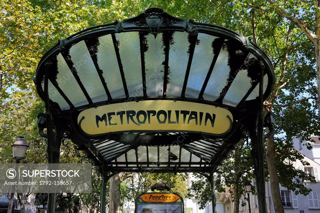 France, Paris, Place des Abbesses, metro station with Art Nouveau style by Hector Guimard