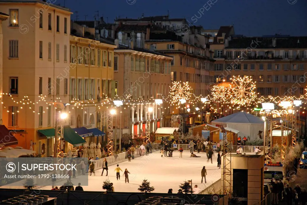 France, Bouches du Rhone, Marseille, d´Orves Cours Estienne, Frequently Asked Santons, outdoor skating rink before Christmas in December