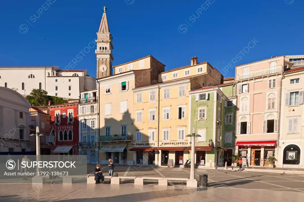 Slovenia, Gulf of Trieste, Adriatic Coast, Primorska Region, Piran, Tartinijev trg Square and the church of St George