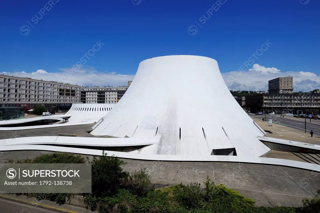 France, Seine Maritime, Le Havre, Downtown rebuilt by Auguste Perret listed as World Heritage by UNESCO, the cultural center called Volcano created by...