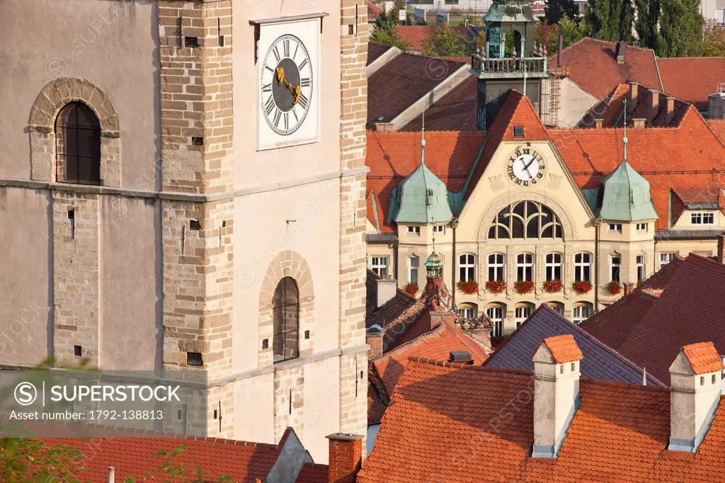 Slovenia, Lower Styria Region, Ptuj, town on the Drava River banks, the tower of the city and the town hall