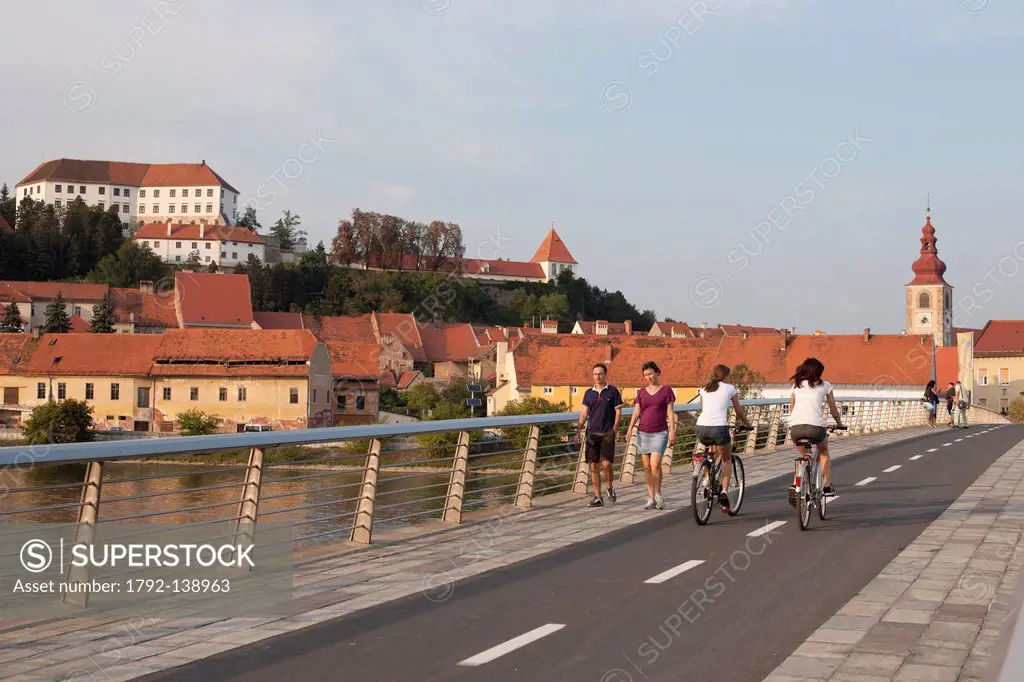 Slovenia, Lower Styria Region, Ptuj, town on the Drava River banks, the castle and the tower of the city