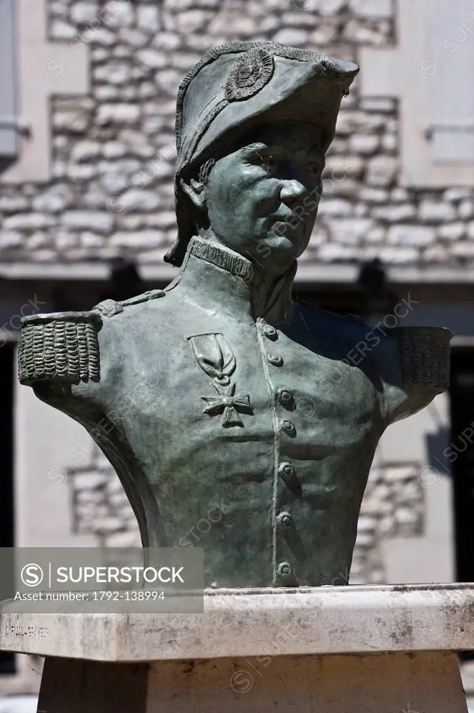 France, Lot, Souillac, Statue of Admiral Raymond, Jean Baptiste de Saint Maur Verninac, commander of the Legion of Honor, sent by King Louis Philippe ...