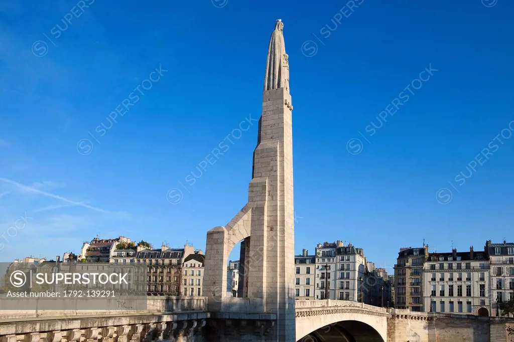 France, Paris, Pont de la Tournelle, statue of St Genevieve patron saint of Paris