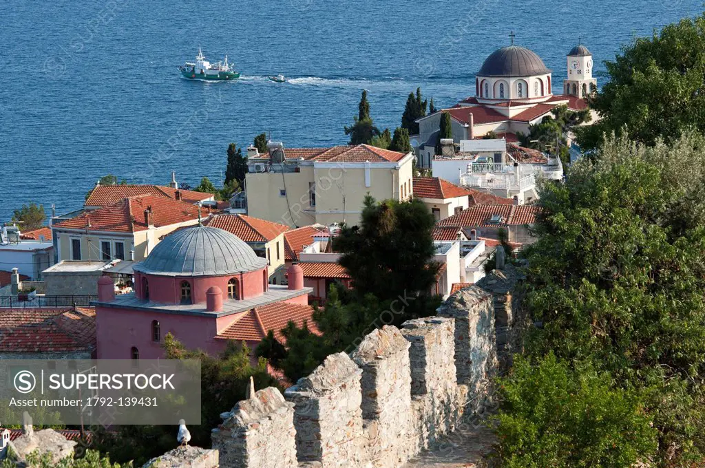 Greece, Macedonia, Kavala, the harbour, view over the old town or Panagia and the Aegean Sea from the Byzantine citadel