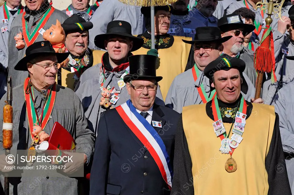 France, Vosges, Val d´Ajol, Andouilles Fair, the third Monday in February since 1831, ancient tradition, induction ceremony, Brotherhood of Taste saus...