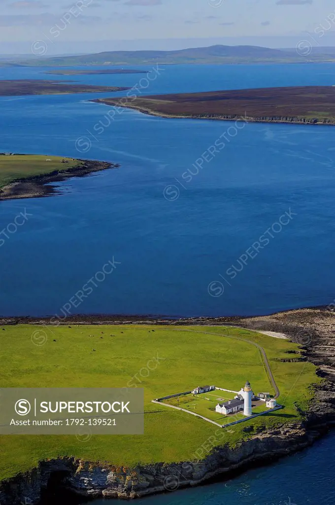 United Kingdom, Scotland, Orkney Islands, lighthouse at South Walls Hoy which protects the entrance to Scapa Flow aerial view