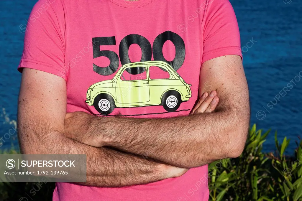 Italy, Puglia, Bari province, Monopoli, tee_shirt with Fiat 500 design, the car was first sold in Italy between 1957 and 1975