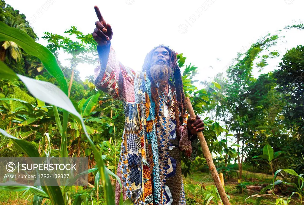 Dominica, South East area of island, area of Victoria Falls, James Moses, the famous Rastaman heros of independance of 70´s, here in his organic garde...