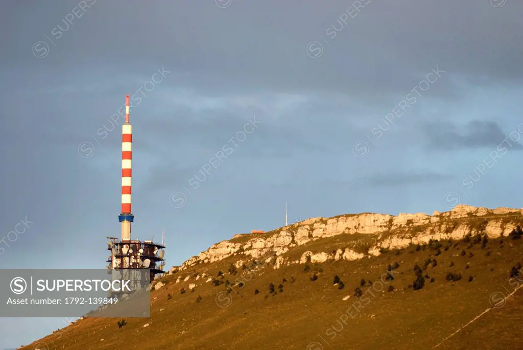 Switzerland, Chasseral Mountaintop in the Swiss Jura Massif, Canton of Bern, Military and TV transmitter at sunset