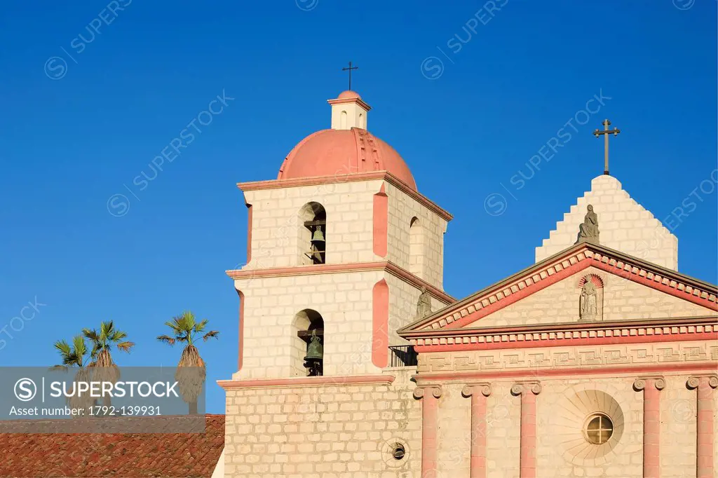 United States, California, Santa Barbara, the Mission founded by the Franciscans in 1786, the bellfry of the church built in 1820