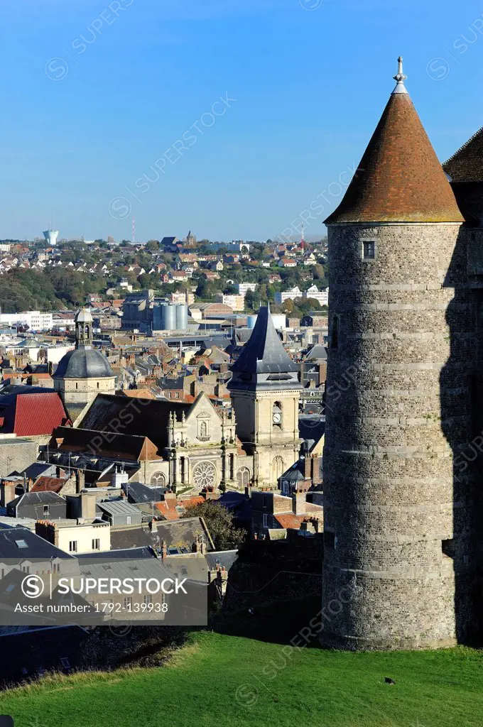 France, Seine Maritime, Dieppe, the Castle museum dominates the city and the Saint Remy church in the background