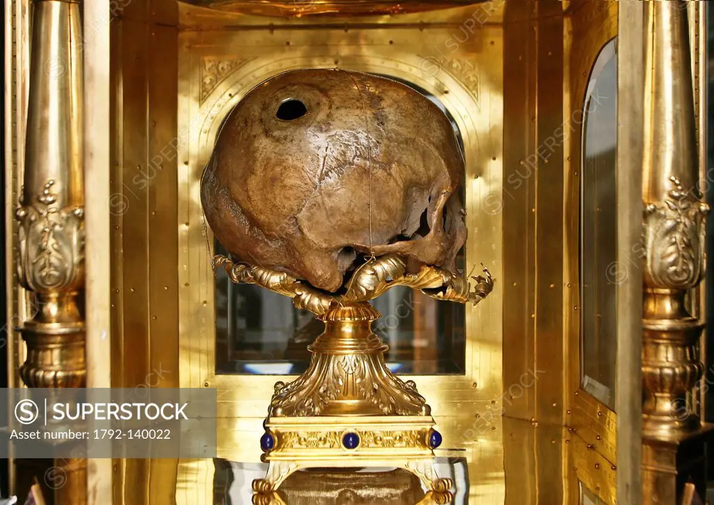 France, Manche, Avranches, Saint Gervais Basilica, reliquary with St Aubert´s skull, the monk founder of the Mont Saint Michel in the early 8th centur...