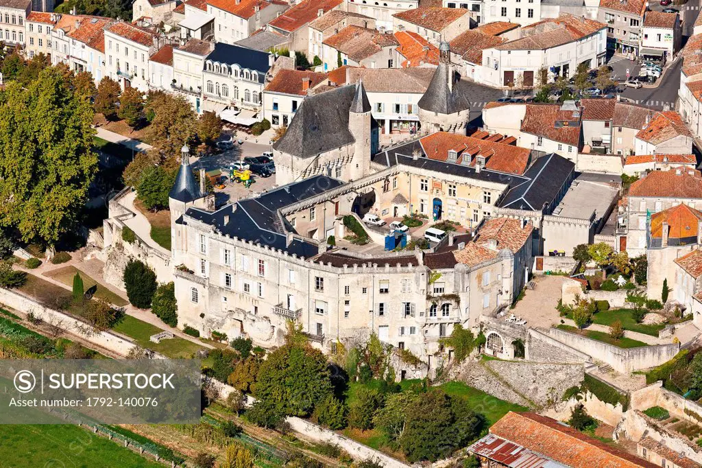 France, Charente Maritime, Jonzac, the castle aerial view