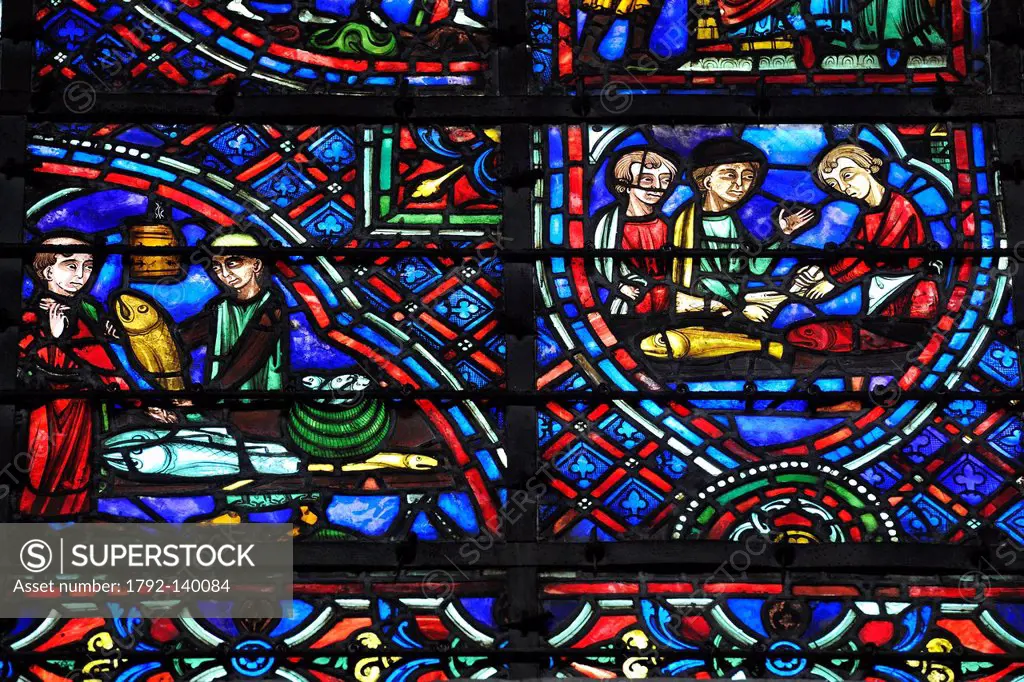 France, Seine Maritime, Rouen, Notre Dame of Rouen Cathedral, detail of the stained glass window of Saint Julian the Hospitaller offered by the guild ...