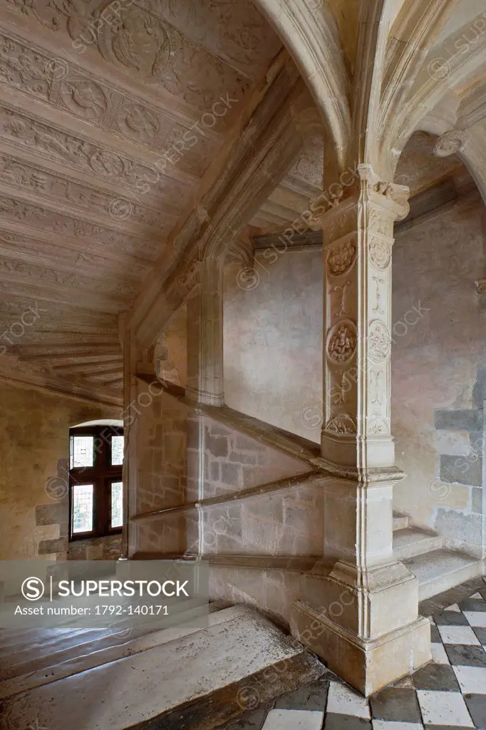 France, Lot, near Saint Cere, Saint Jean Lespinasse, Le Chateau de Montal, the Renaissance Staircase