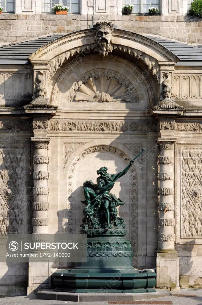 France, Pas de Calais, Arras, Fountain of Pont de Cite or Fontaine Neptune realised by the sculptor Vital Dubray in 1883 and listed in the french Monu...