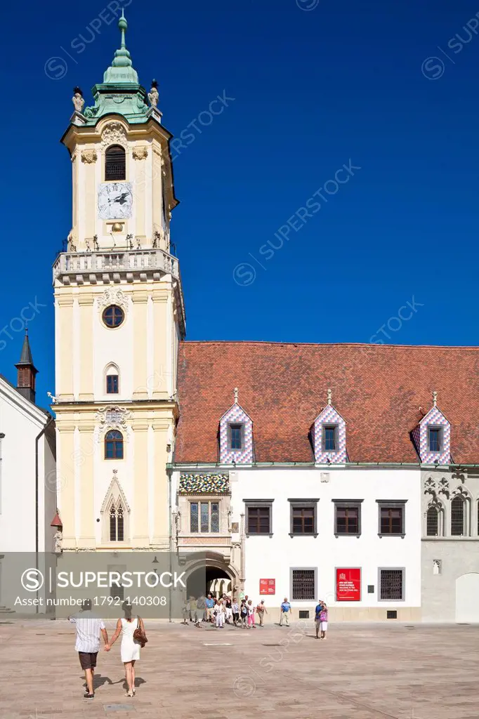 Slovakia, Bratislava, Historic center, main square, former city council and its tower dating from the 14th century, but modified in 1733, a building t...
