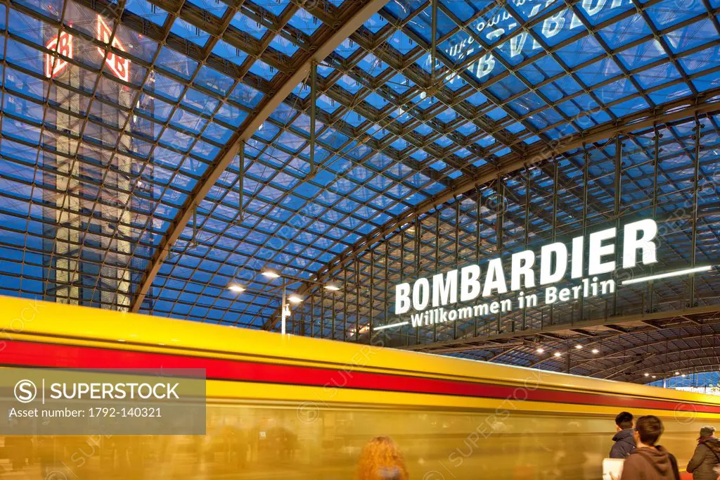 Germany, Berlin, Mitte, Hauptbahnhof, the biggest strain station in Europe, built by architect Meinhard von Gerkan, inaugurated in 2006, an advertisin...