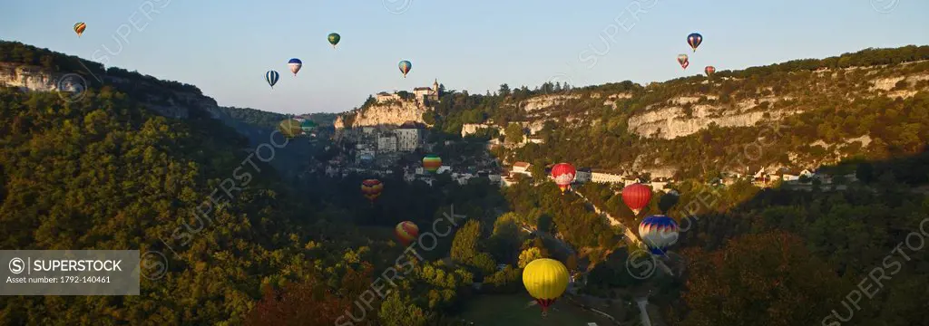 France, Lot, Rocamadour, Hot Air Balloon in Canyon Alzou