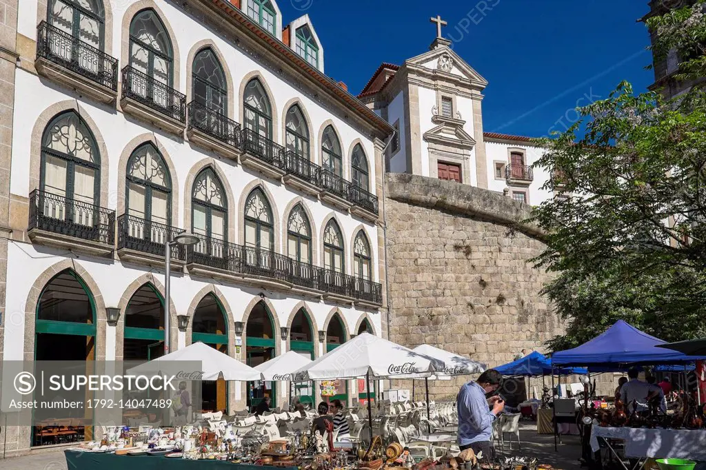 Portugal, North Region, Amarante, picturesque town along the Tamega, cafe terraces at the foot of the church of the 18th century Sao Domingo