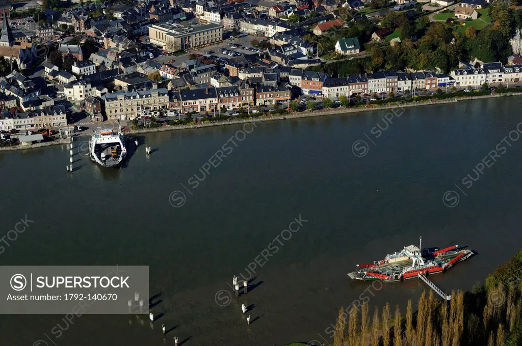 France, Seine Maritime, the ferry on the Seine at Duclair aerial view