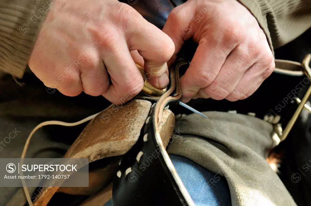 France, Haut Rhin, Muhlbach, harness maker Jean Claude Mann, manufacturing collar cowbell, cowbell sewing