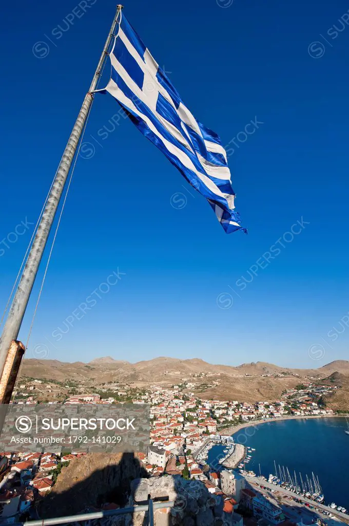 Greece, Lemnos Island, Myrina, capital town and main harbour of the island, the little fishing harbour from the Byzantine kastro of the 12th century