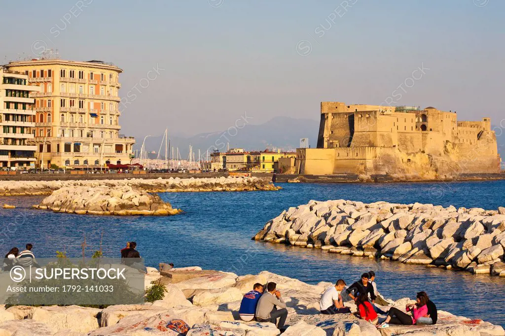 Italy, Campania, Naples, Historic center listed as World Heritage by UNESCO, waterfront with the Megaride Island, castel dell´Ovo, a castle built in t...