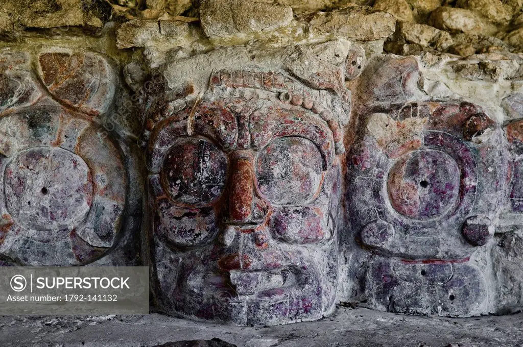 Mexico, Yucatan state, the archaeological site of ancient Mayan city of Edzna, Mascarones temple, mask polychrome stucco dedicated to Sun God