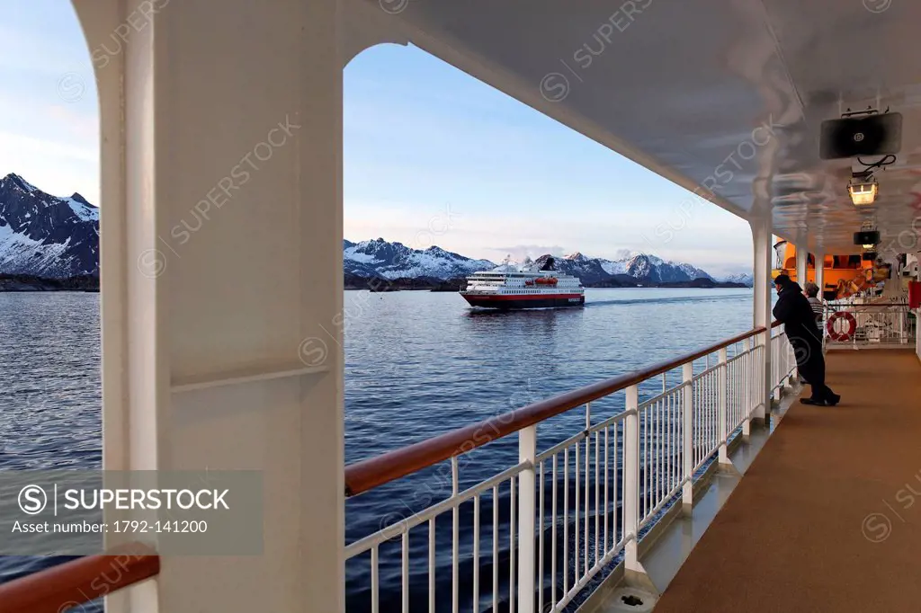 Norway, Trollfjord boat, shipping company Hurtigruten which assures since 1893 the connections between the big cities of the Norwegian coast, daily de...