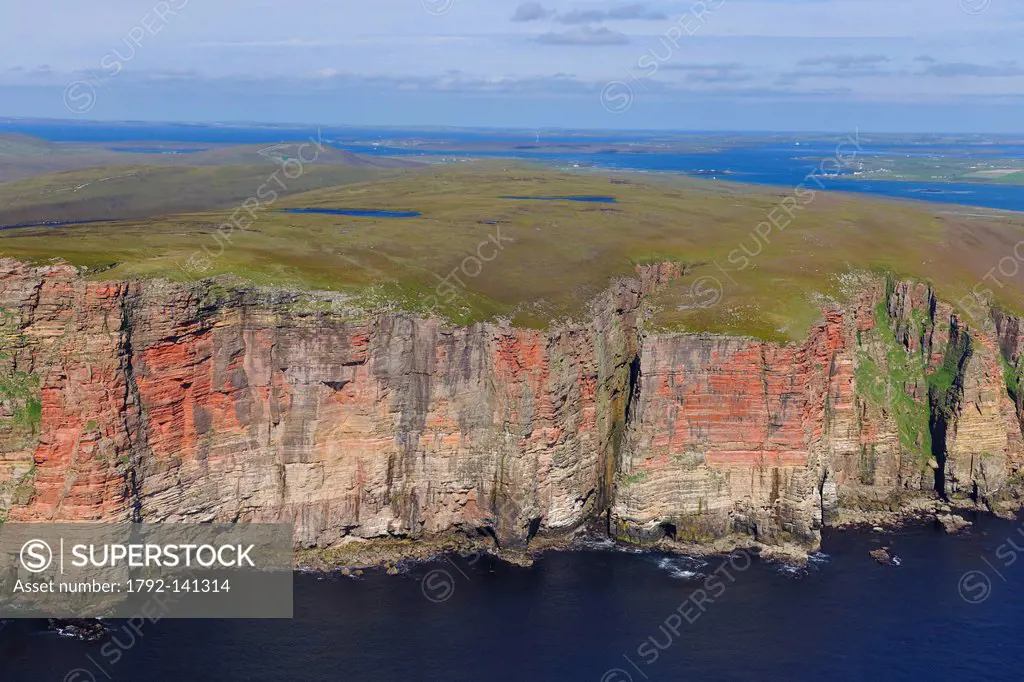 United Kingdom, Scotland, Orkney Islands, cliffs of the Island of Hoy on the Atlantic coast south of Rackwick and Scapa Flow Bay aerial view