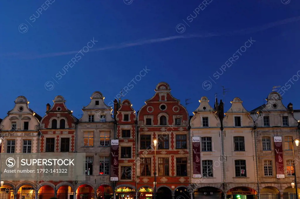 France, Pas de Calais, Arras, Place des Heros, Flemish Baroque style houses at night