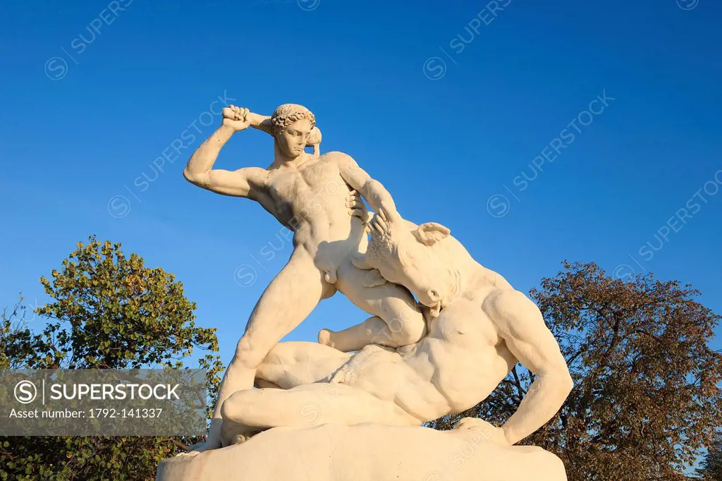 France, Paris, sculpture by Etienne_Jules Ramey Thesee combattant le Minotaure in the Jardin des Tuileries