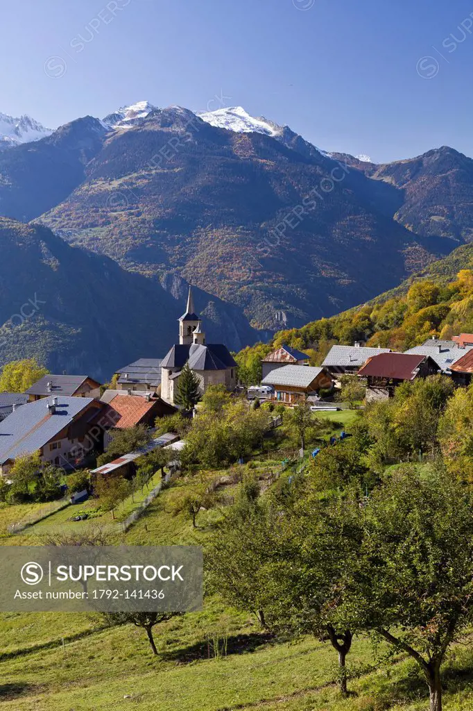 France, Savoie, Aigueblanche and Baroque Church of St. Martin on the 17th century in the hamlet of Villargerel, the Tarentaise Valley, the massif of B...