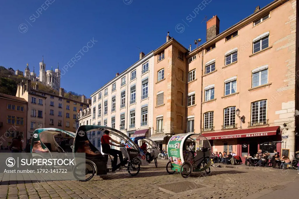 France, Rhone, Lyon, historical site listed as World Heritage by UNESCO, Vieux Lyon Old Town, Saint Jean District, Place St Jean and view on Notre Dam...