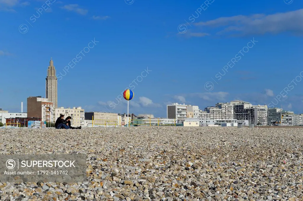 France, Seine Maritime, Le Havre, Downtown rebuilt by Auguste Perret listed as World Heritage by UNESCO, the large pebble beach