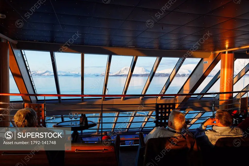 Norway, Trollfjord boat, shipping company Hurtigruten which assures since 1893 the connections between the big cities of the Norwegian coast, daily de...