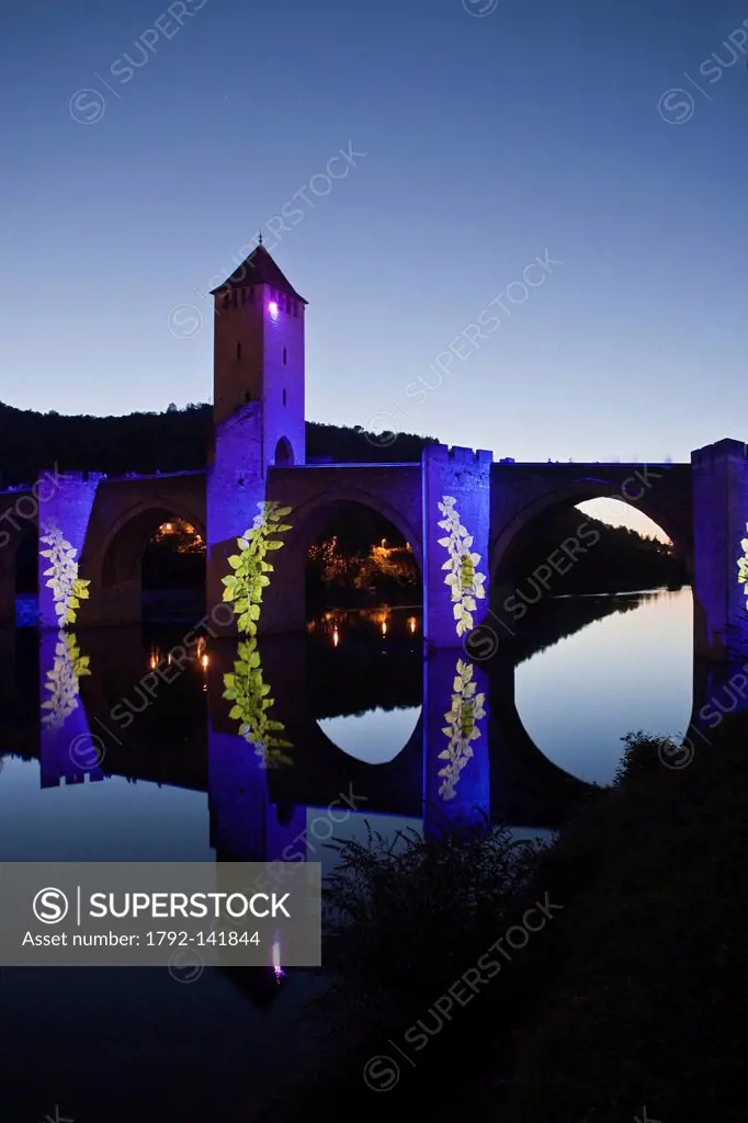 France, Lot, Cahors, Bridge Illumination Valentre