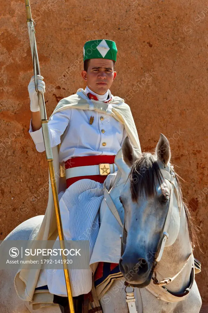 Morocco, Rabat, royal guard at Mohamed V mausoleum